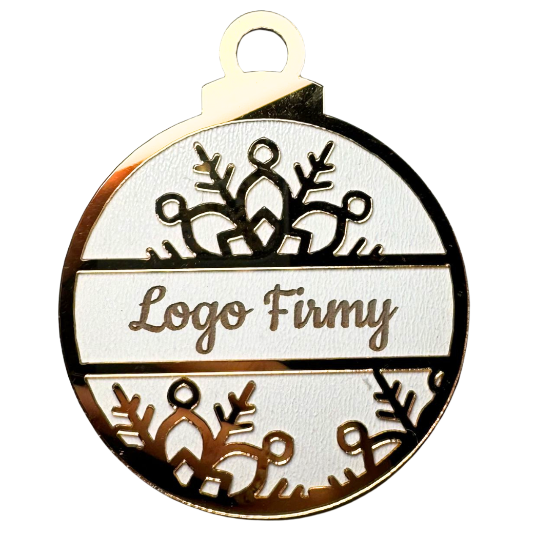 Złoto-biała bombka z LOGO firmy ZŁOTA plexi, elegancki prezent firmowy