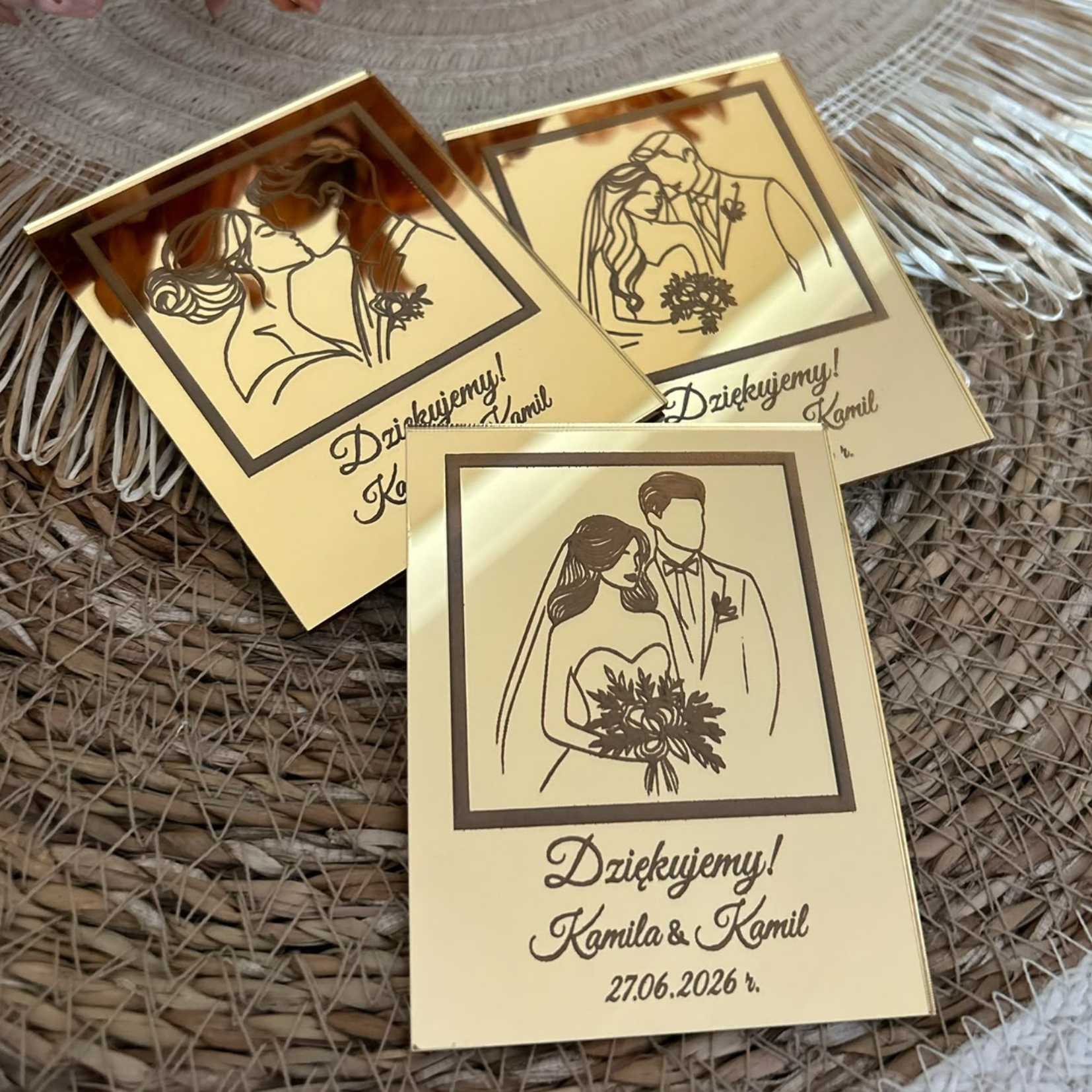 Złoty Elegancki Magnes Podziękowanie dla Gości Weselnych - 3 Wzory/Grawer