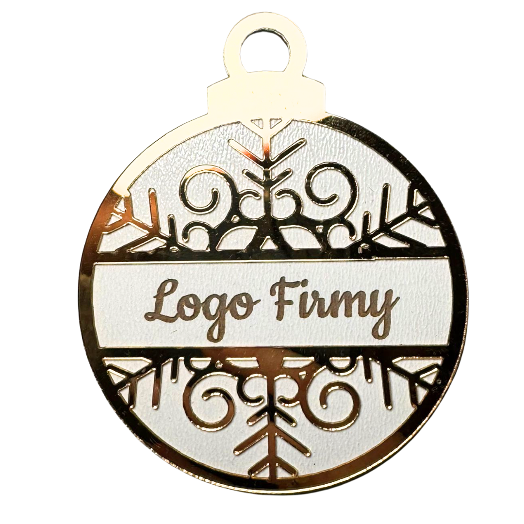 Złoto-biała bombka z LOGO firmy ZŁOTA plexi, elegancki prezent firmowy