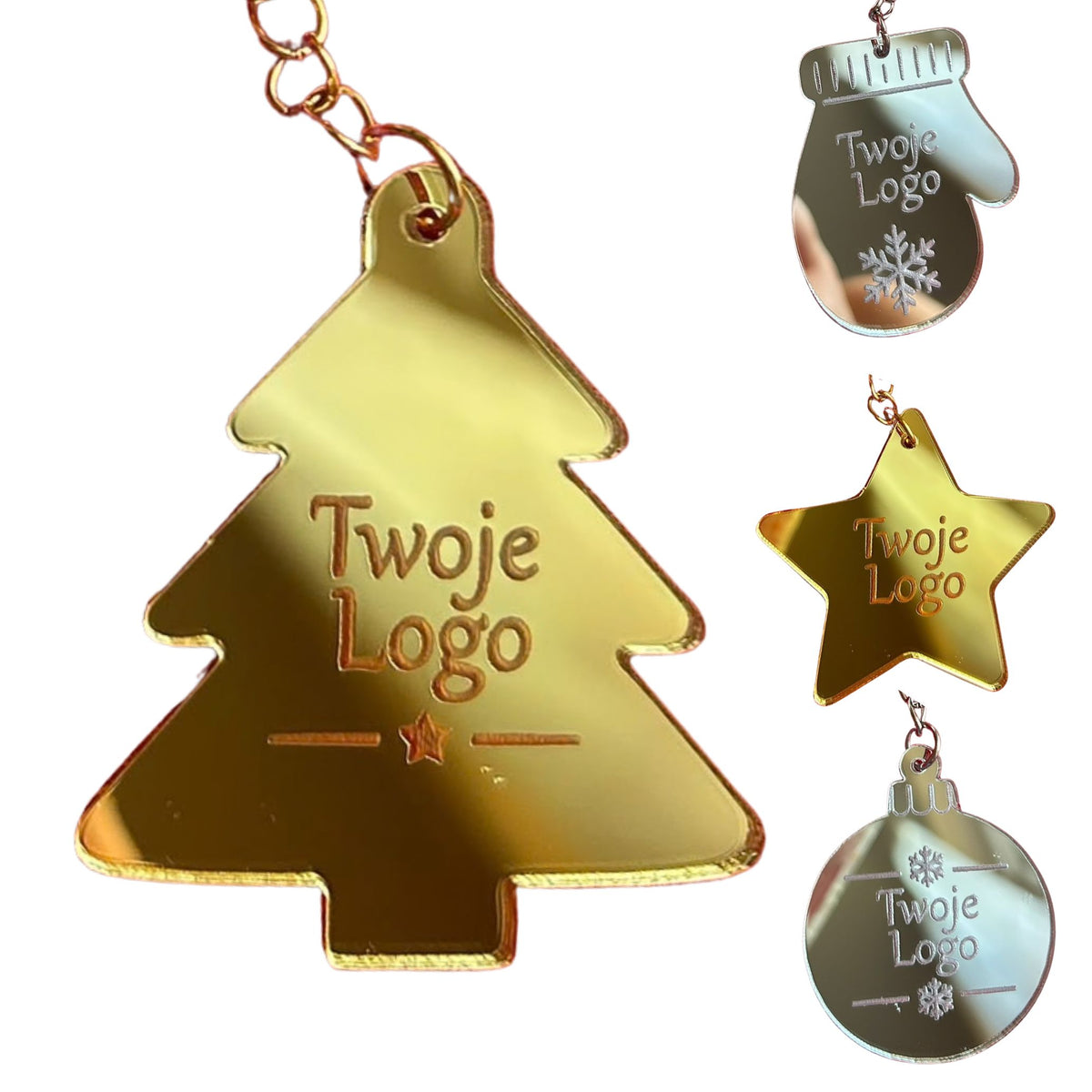 BRELOKI firmowe ŚWIĄTECZNE z LOGO plexi ZŁOTE SREBRNE personalizowane