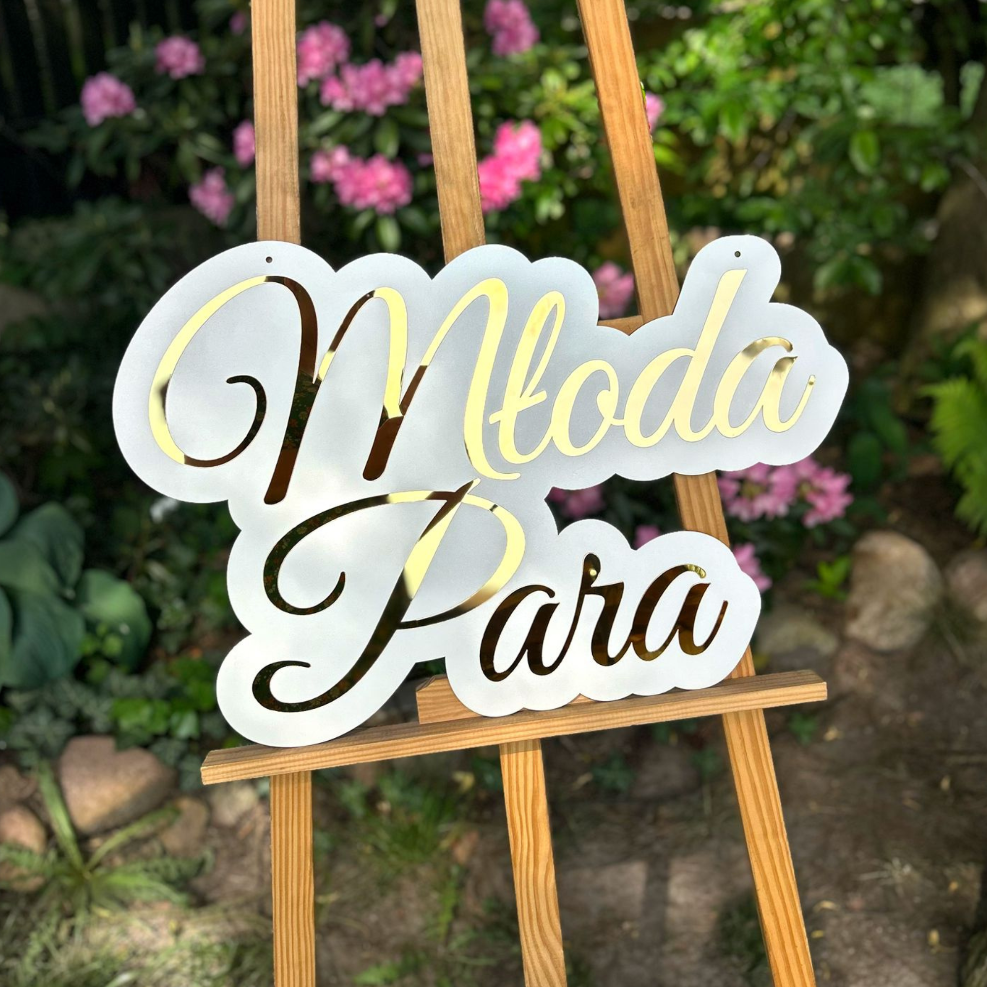 Napis weselny „Para Młoda” na ściankę ślubną 60 x 40 cm złoto biel wesele