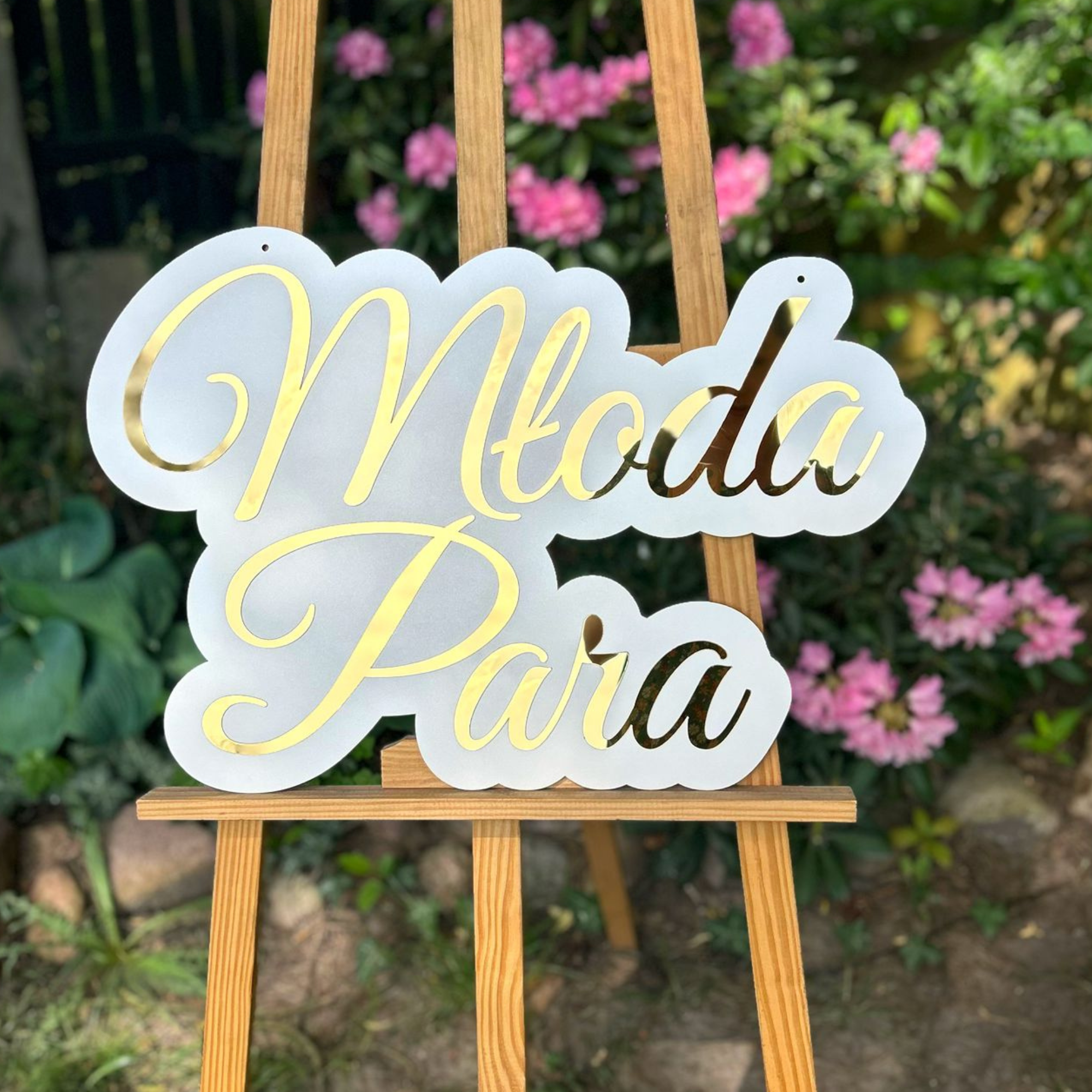 Napis weselny „Para Młoda” na ściankę ślubną 50 x 34 cm złoto biel wesele