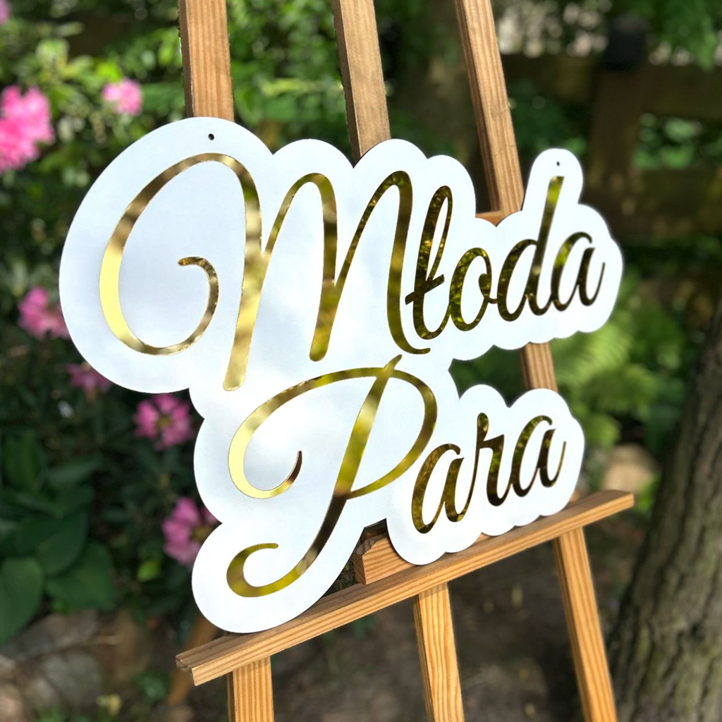 Napis weselny „Para Młoda” na ściankę ślubną 60 x 40 cm złoto biel wesele