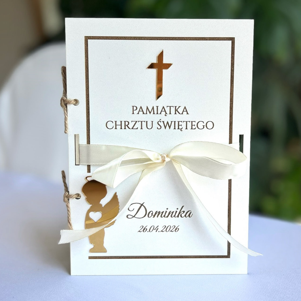 Personalizowana Pamiątka Chrztu Świętego Biało-Złota Grawer Kartka Chrzest