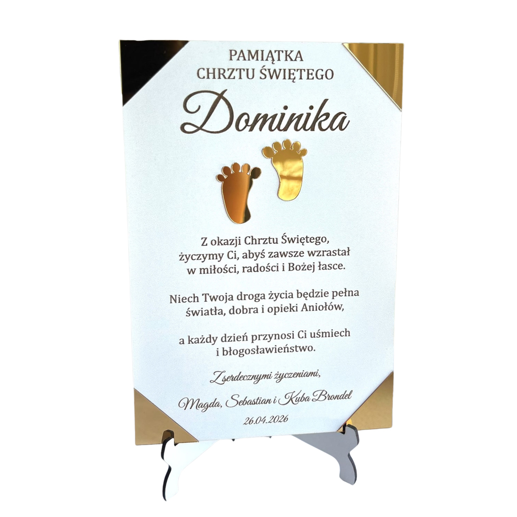 Personalizowana Pamiątka Chrztu Świętego ze stojakiem Biało-Złota Grawer