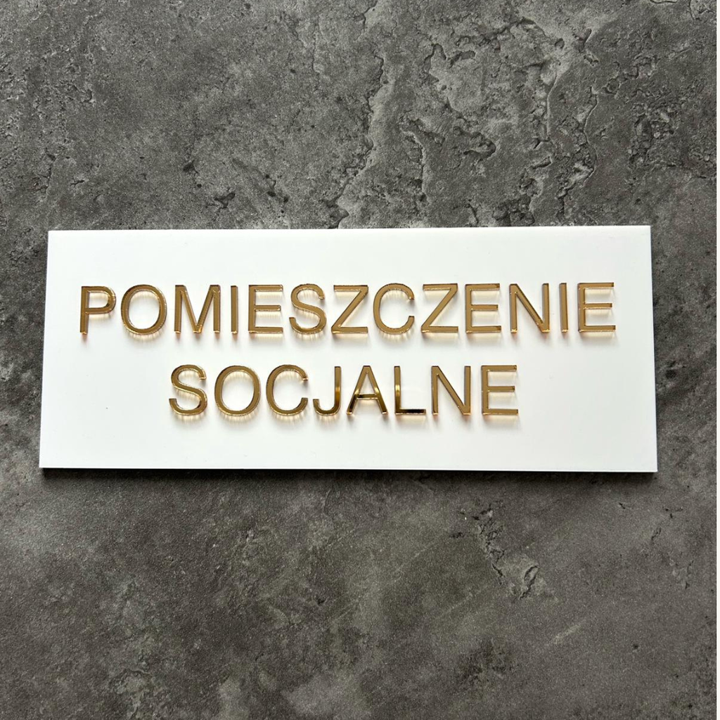 Tabliczka na drzwi POMIESZCZENIE SOCJALNE – plexi biało-złota 25x10 cm