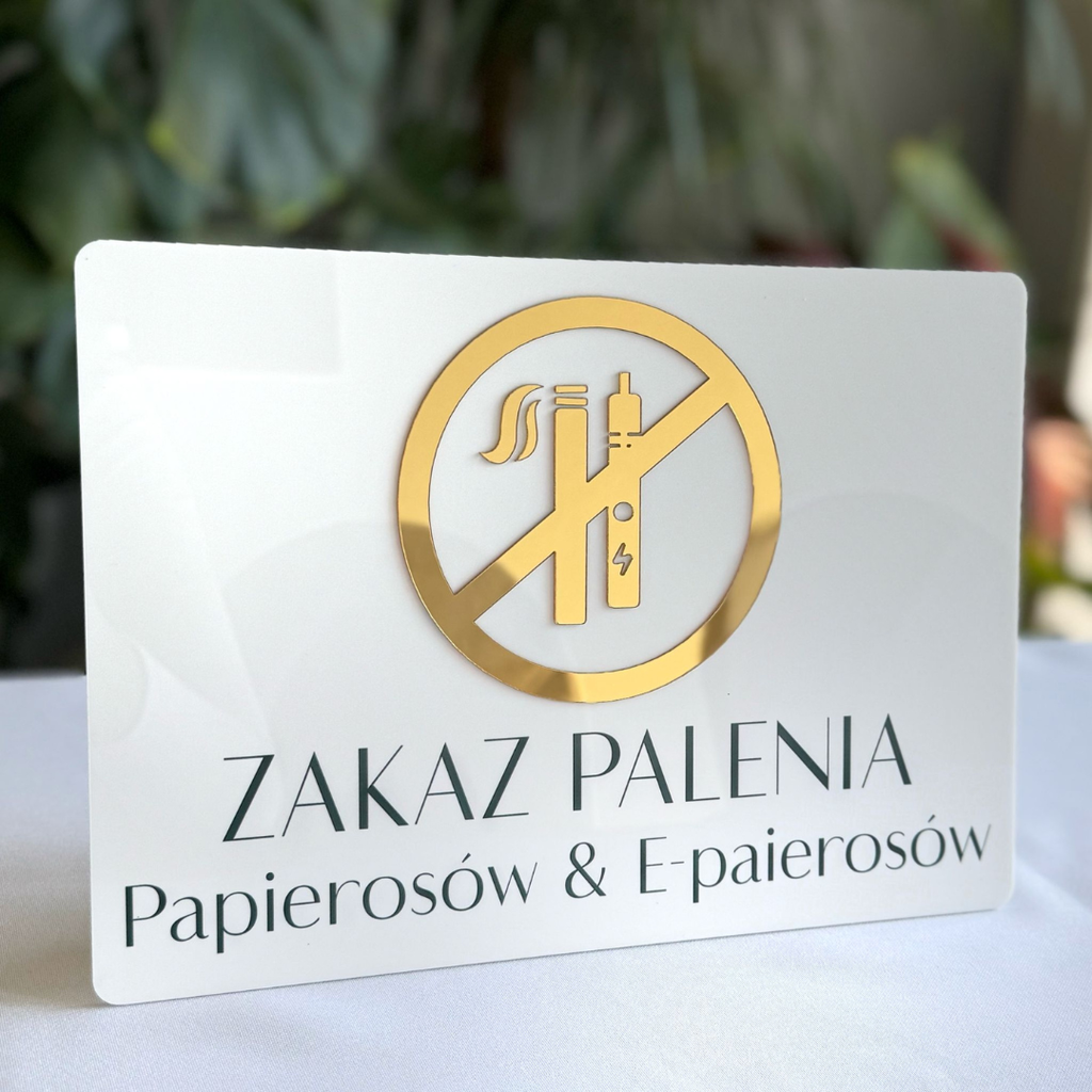 Tabliczka BHP – Zakaz palenia papierosów- biała,złota plexi poziom