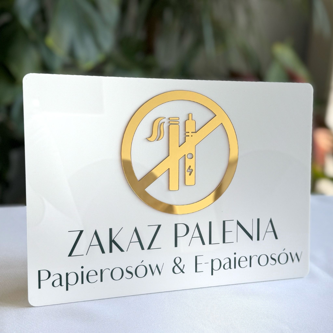Tabliczka BHP – Zakaz palenia papierosów- biała,złota plexi poziom