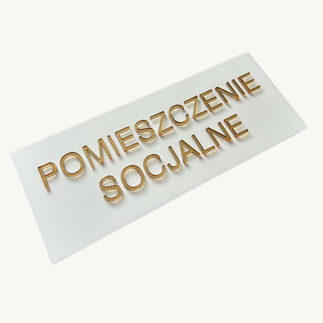 Tabliczka na drzwi POMIESZCZENIE SOCJALNE – plexi biało-złota 25x10 cm